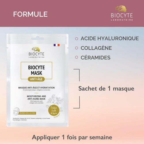 BIOCYTE Mask À Base De Collagène - Peau Repulpée, Hydratant, Rides Estompée - Acide Hyaluronique, Collagène, Céramides - 1 Masque En Biocellulose - Appliquer 1 Fois Par Semaine