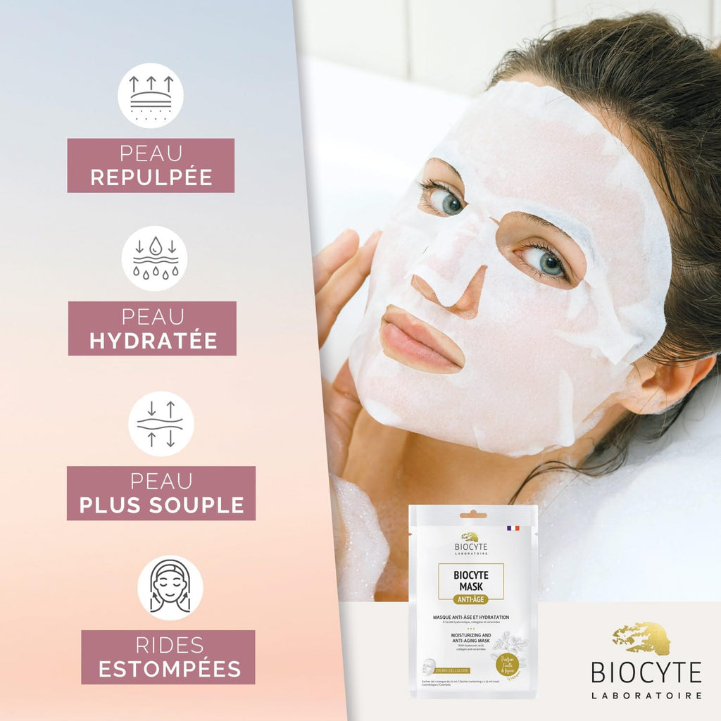 BIOCYTE Mask À Base De Collagène - Peau Repulpée, Hydratant, Rides Estompée - Acide Hyaluronique, Collagène, Céramides - 1 Masque En Biocellulose - Appliquer 1 Fois Par Semaine