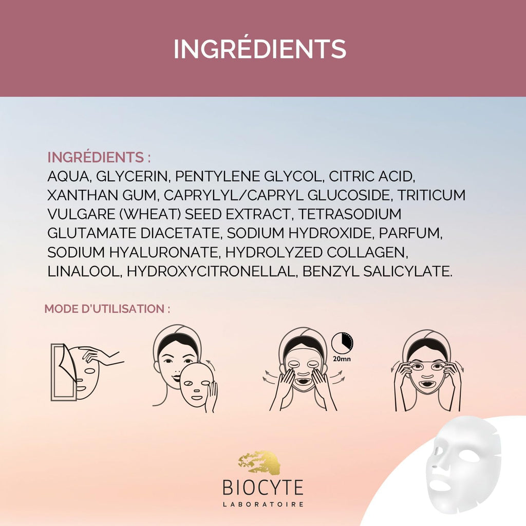 BIOCYTE Mask À Base De Collagène - Peau Repulpée, Hydratant, Rides Estompée - Acide Hyaluronique, Collagène, Céramides - 1 Masque En Biocellulose - Appliquer 1 Fois Par Semaine